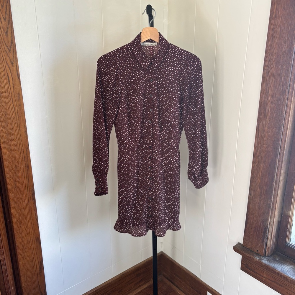 Abercrombie & Fitch Burgundy Polka Dot Button Front Ruffle Shirt Dress Women’s S